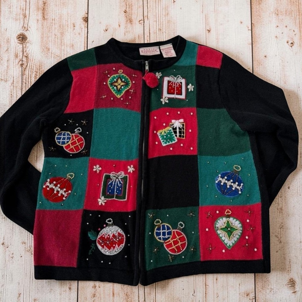 Cardigan Ugly Christmas‎ Sweater Colorblock Womens Medium Holiday Basic Editions